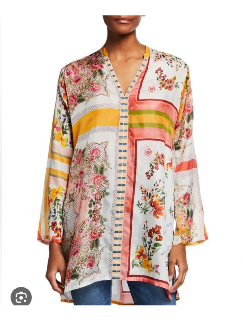Johnny Was Rosemarie Silk Floral Patch Tunic Size L